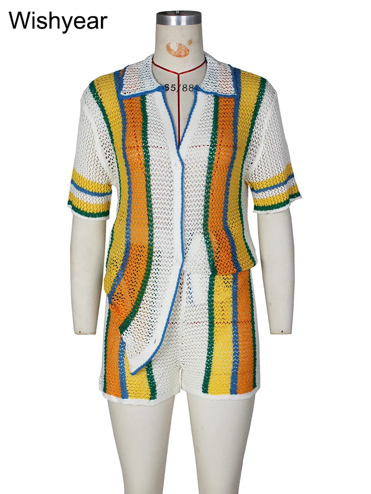 Sexy Colorful Striped Patchwork Knitting Two Piece Pants Set Women Short Sleeve Top and Shorts Fashion Beach Sweater Club Outfit