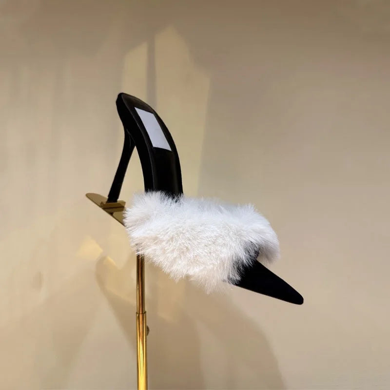 Women's Fox Fur High-Heeled Slippers Stiletto Heel Mules Open Toe Slip On Sandals Suede Upper Party Clubwear Elegant Sandals