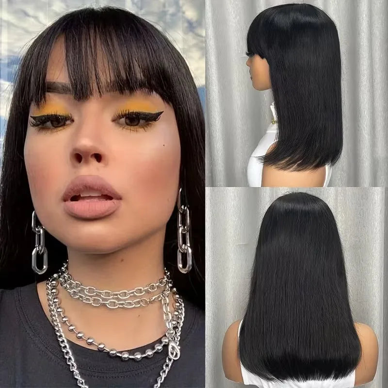 Human Hair Wigs with Bangs 32 Inches Full Machine Made Hair Wig Bone Straight 200 Density Glueless Wig Human Hair Non Lace Wig