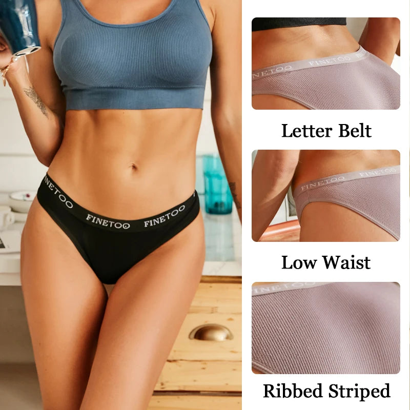 FINETOO 6Pcs Women Cotton Panties M-2XL Striped Underwear Letter Belt Briefs Female Low Waist Lingerie Stretchy Solid Lingerie