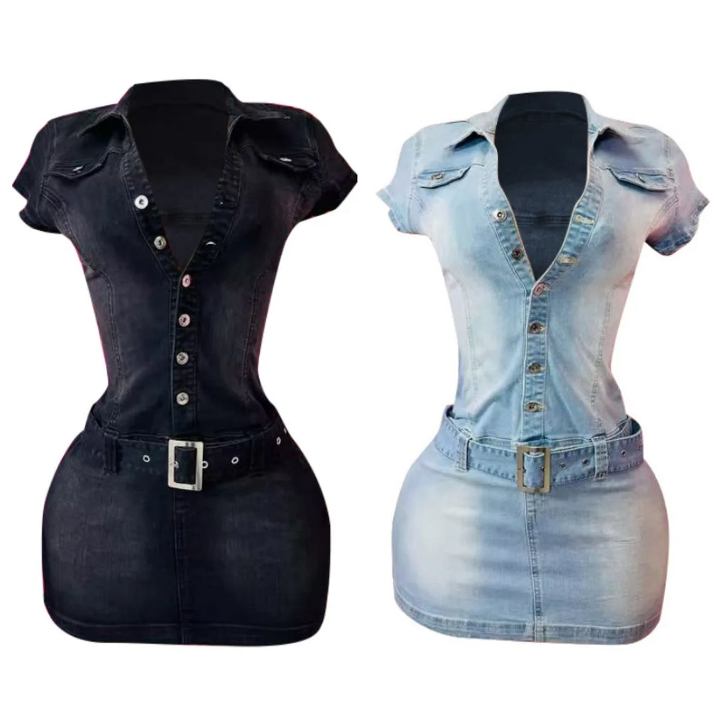 HLJ Fashion Denim Bodycon Mini Dresses Women V Neck Short Sleeve Slim Vestidos Summer New Cowboy Stretchy Streetwear Dress 2025