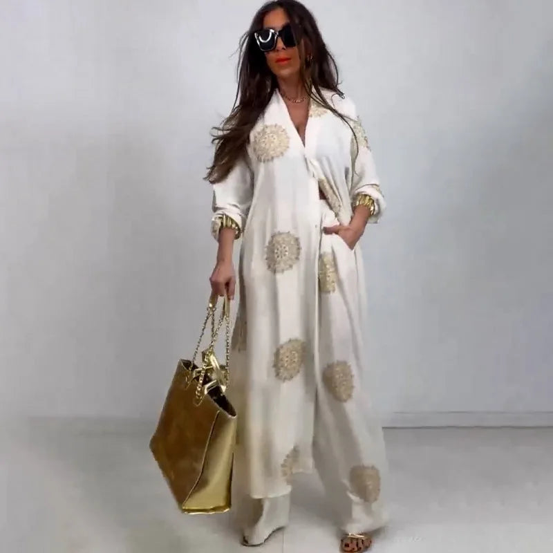 Eid Muslim Suits Women Print Blouses Wide Leg Pants Set Two Piece Musulman Ensemble Dubai Arabic Morocco Islam Casual Ramadan