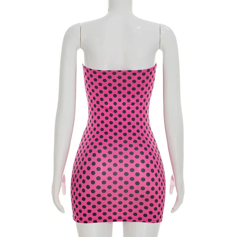 Sexy Strapless Backless Mini Dress Women Dot Print Party Club Y2K Clothes Bodycon Summer Off Shoulder Sleeveless Dresses Outfit