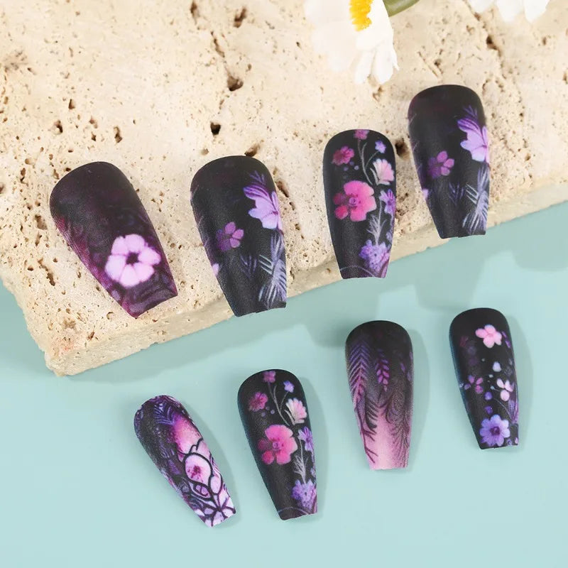 24PCS Dark Luxury Purple Floral Press on Nails with Square European Hand Painted Vintage Cherry Blossoms Artistic False Nails 네일