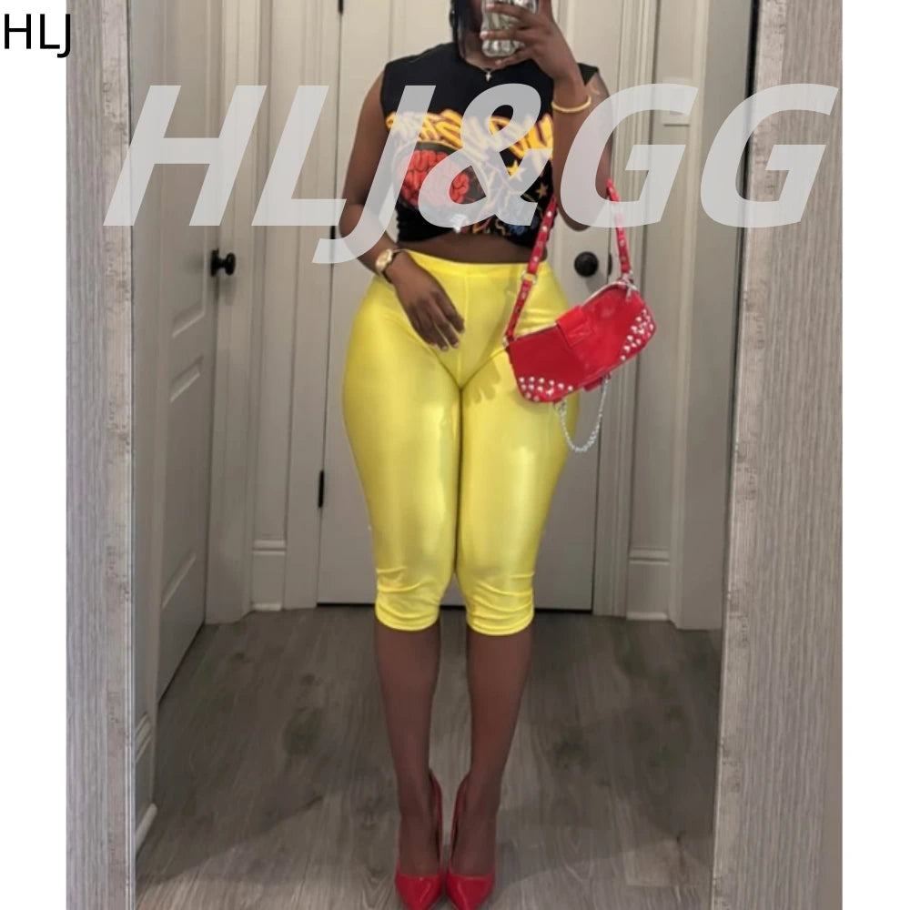 HLJ Fashion Y2K Pattern Print Two Piece Sets Women Round Neck Sleeveless Top+Skinny Shorts Outfits Trend Female 2pcs Streetwear