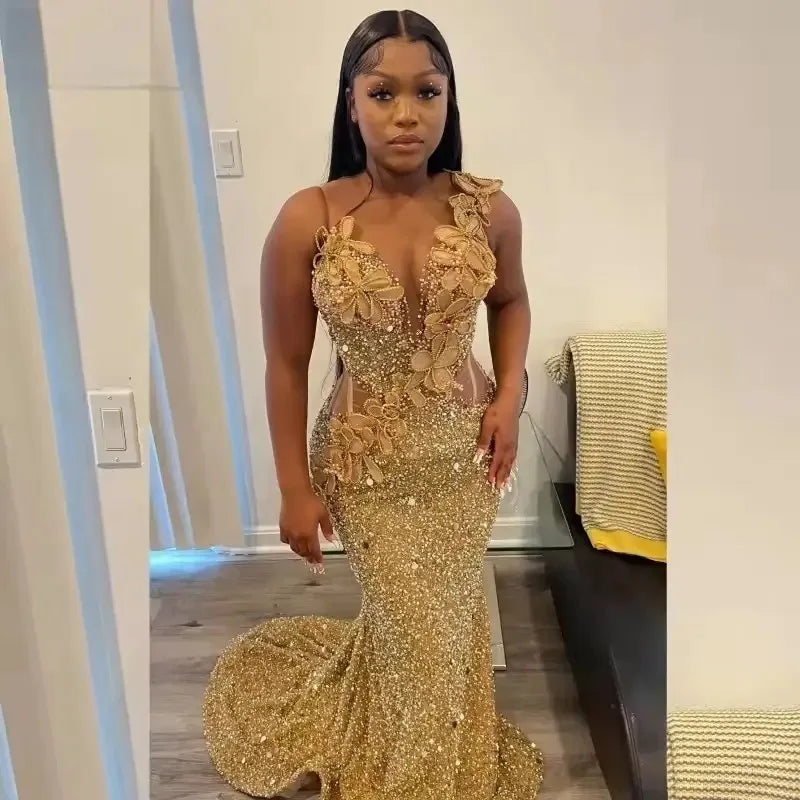Gold Skinny Prom Dresses 2025 Black Girl Luxury Bead Rhinestones 3D Flowers Corset Cut-out Birthday Party Gala Gown Customized