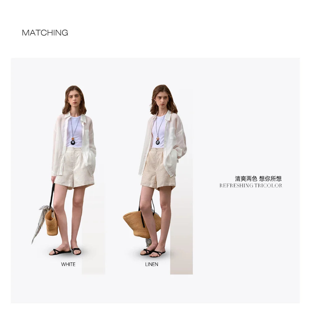 Retro 100% Linen Short Pants Women High Wasit Casual Harajuku Fashion Streetwear White Color Summer Office Lady Female Shorts