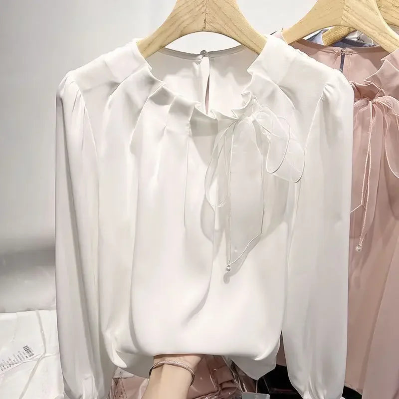 Women Stylish Ruffled Bow Lace Up Chiffon Blouses Office Lady Elegant Chic Commute Shirts Korean O Neck Long Sleeve Loose Tops