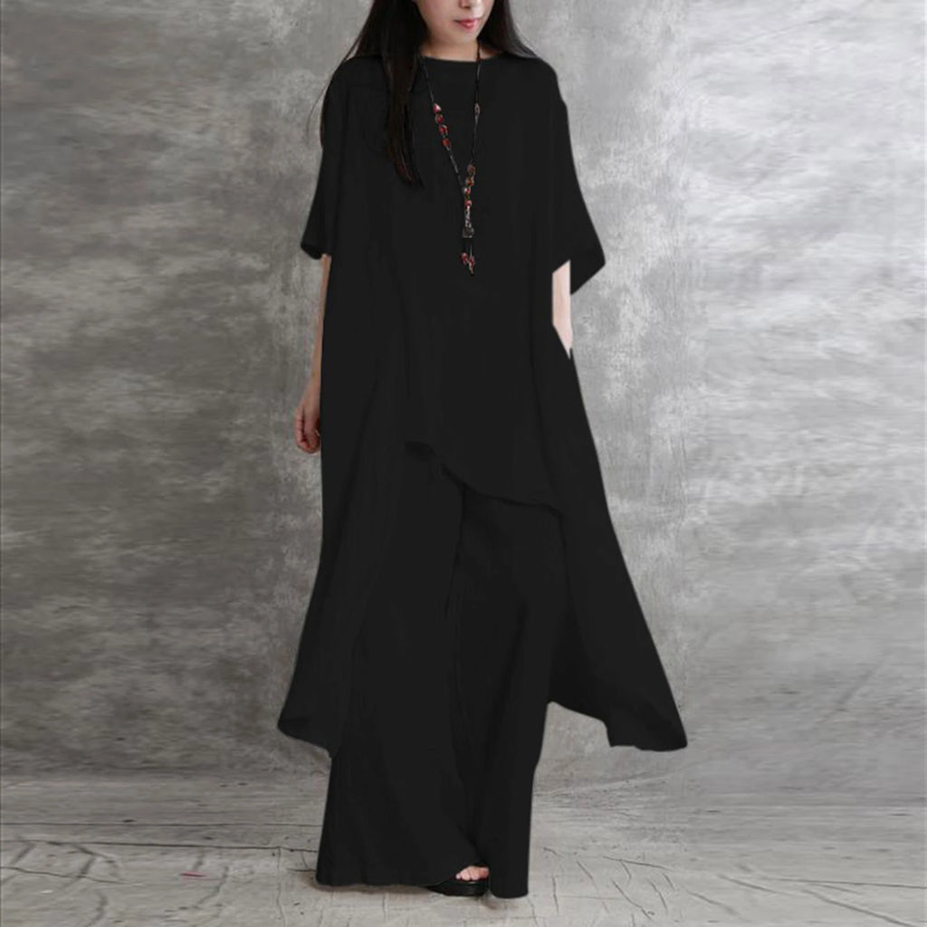 Simple Women Tops Pants Set Cotton Blend Short Sleeve Breathable Elastic Waist Outfit Suit  T-shirt Pants Set Comfy