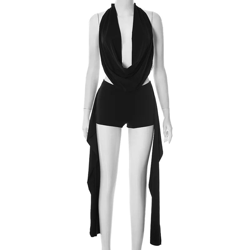 2 Piece Set Outfit Sexy Party Halter Deep V-neck Backless Crop Top & Shorts Sexy 2pcs Pants Sets Summer Clothes