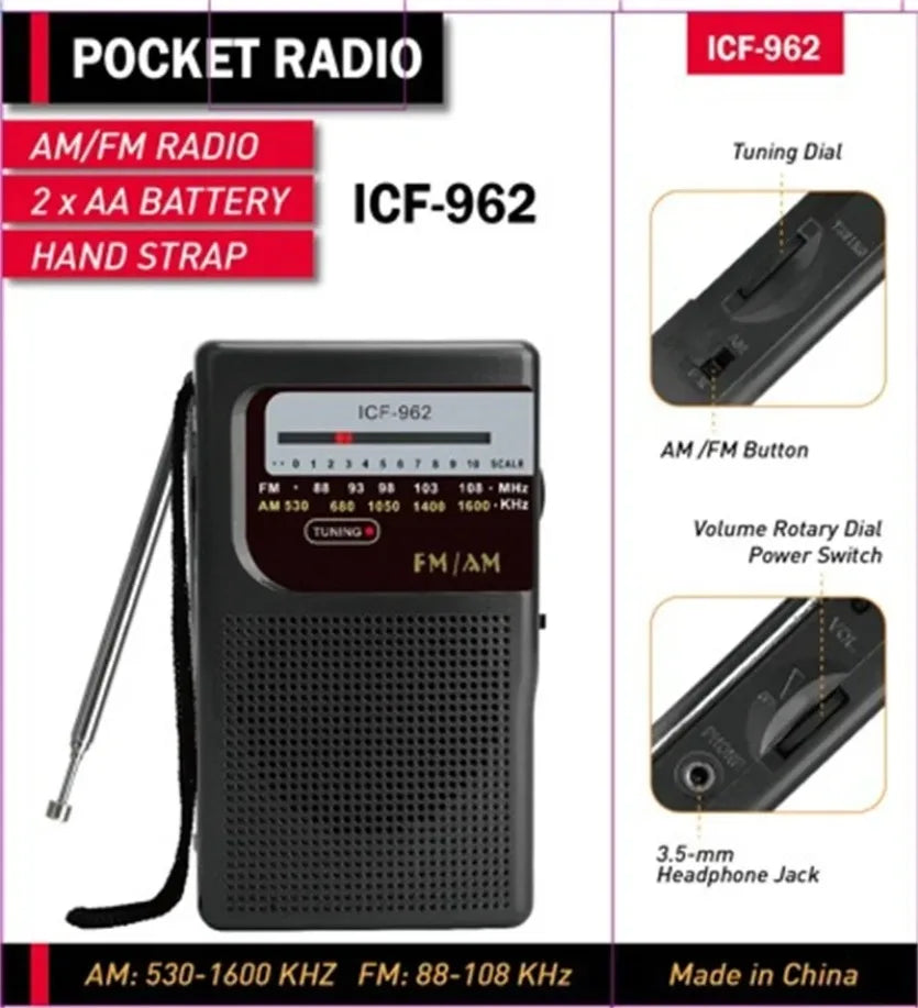XIKCU ICF-962 Mini Radio FM- AM Battery Operated Portable Radio Best Reception Longest Lasting For Running Walking Home Soundbox