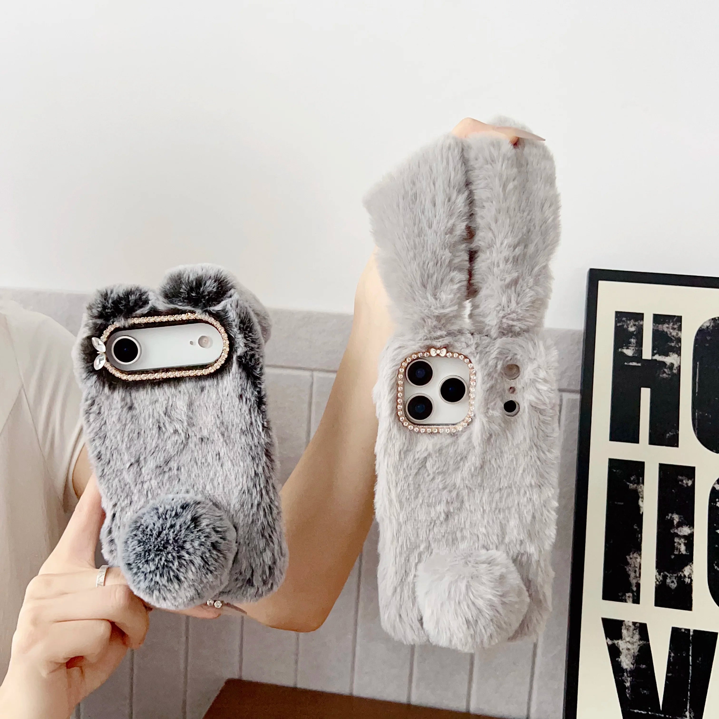 3D Cute Rabbit Ears Fur Plush Phone Case For iPhone 17 Pro Max 16 15 14 13 12 11Pro max Plus mini 17Air Furry Bunny Warm Cover