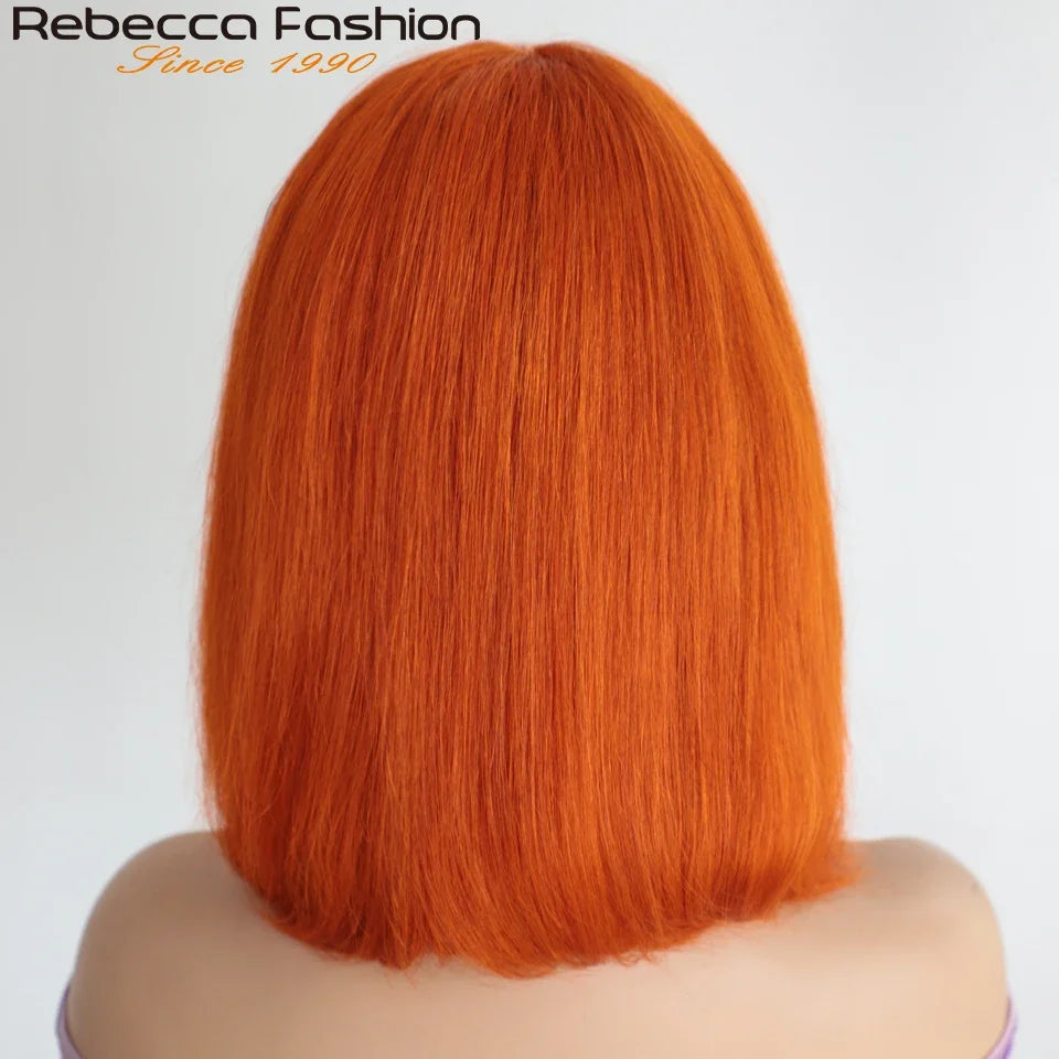 Orange Blonde Short Cut Straight Bob Wigs Rebecca With Bangs Red 99J Human Hair Brazilian Straight Machine Made Human Hair Wigs