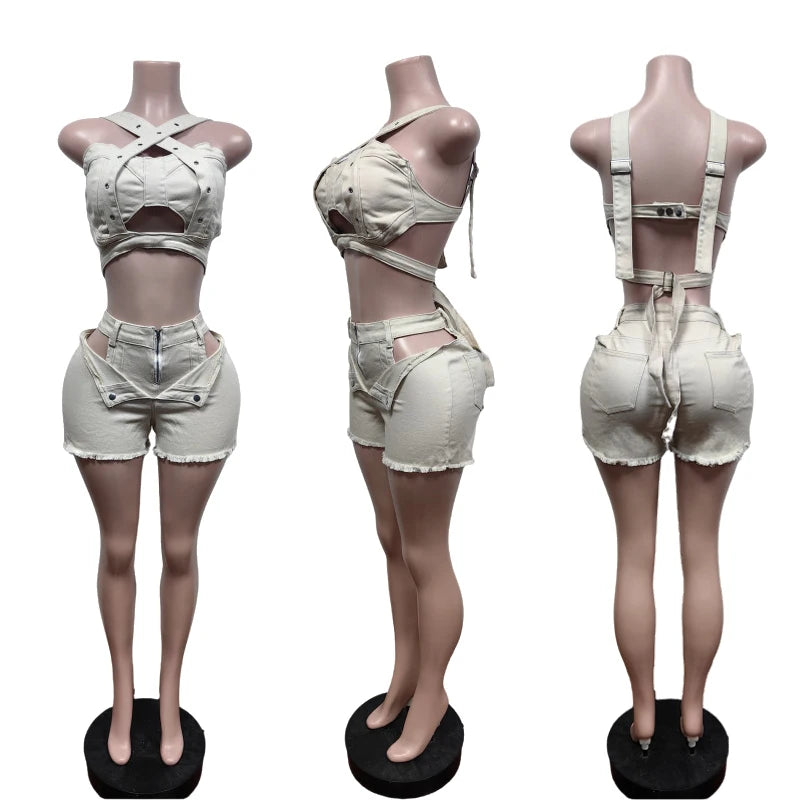 Sexy Jean Women Short Sets Straps Denim Crop Top and Cut Out Shorts Set 2025 Summer Clothes Streetwear Two 2 Piece Club Outfits