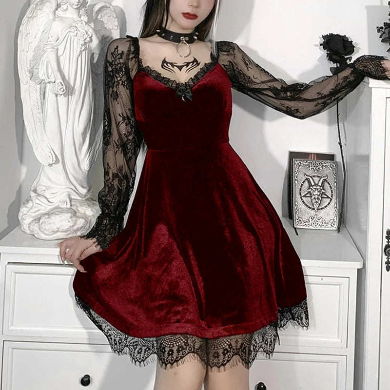 Women's Dress Gothic Style Female Dress Solid Color Lace Stitching V-Neck Long Flare Sleeve Party Clubwear For Ladies Y2k