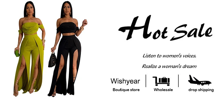 New Sexy Strapless Crop Tops and High Split Wide Leg Pants Green Two 2 Pieces Women Birthday Outfit Matching Set Night Clubwear