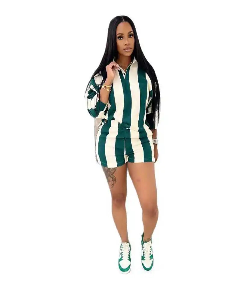 Shorts Pant Set Women Two Piece Sets Short Sleeve Matching Sets Striped Top High Waist Pants Suit Casual Y2k Streetwear Jogger