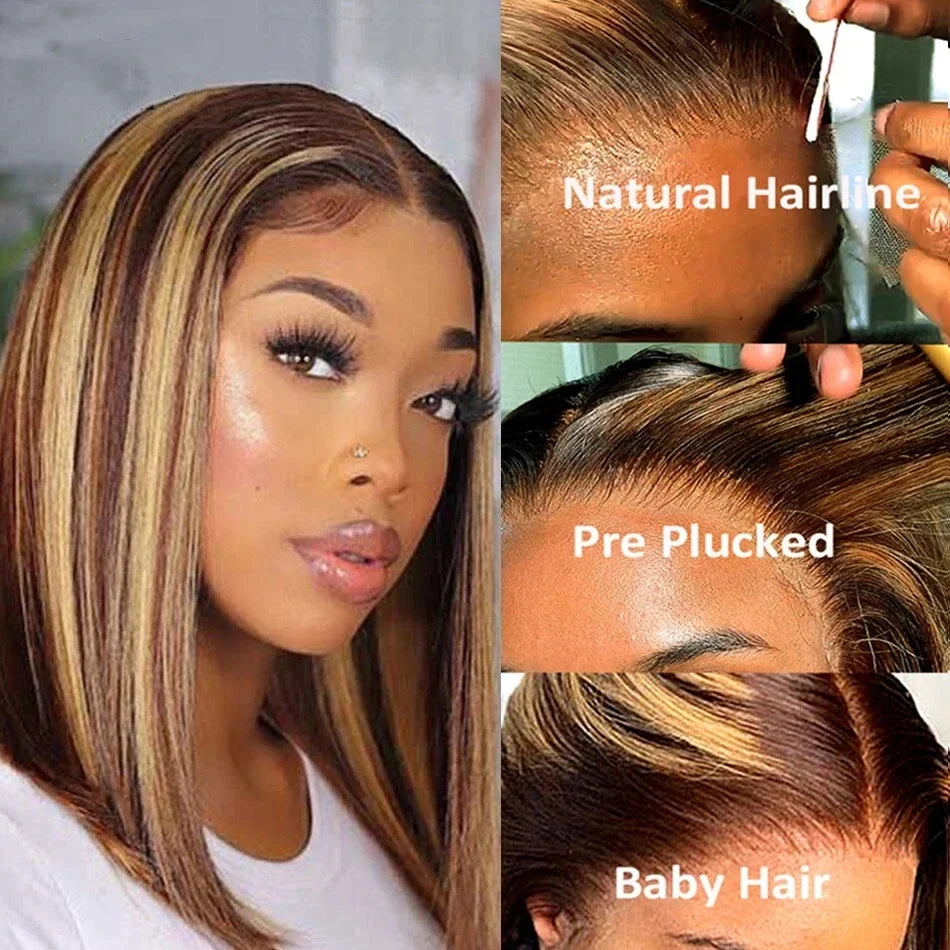 Straight Highlight Ombre Bob Wigs Human Hair 4/27 Honey Brown 13x4 Transparent Lace Front Human Hair Brazilian Wig Density200%