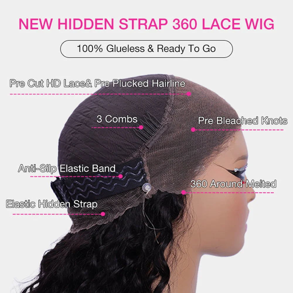 Upgrade No Glue 360 Drawstring Lace Wig Kinky Curly Deep Water Wigs Remy Human Hair Invisi Strap 360 Full Hd Lace 13x4 Front Wig