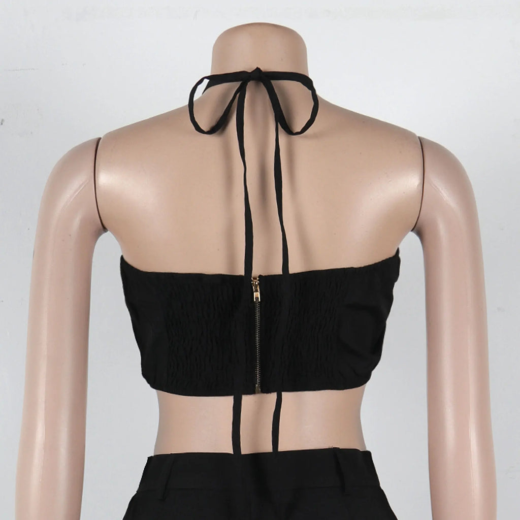 Metal Ring Hollow Out Two Piece Set Women Sexy Strapless Lace Up Halter Backless Crop Tops + Wide Leg Pants Casual Street Suits