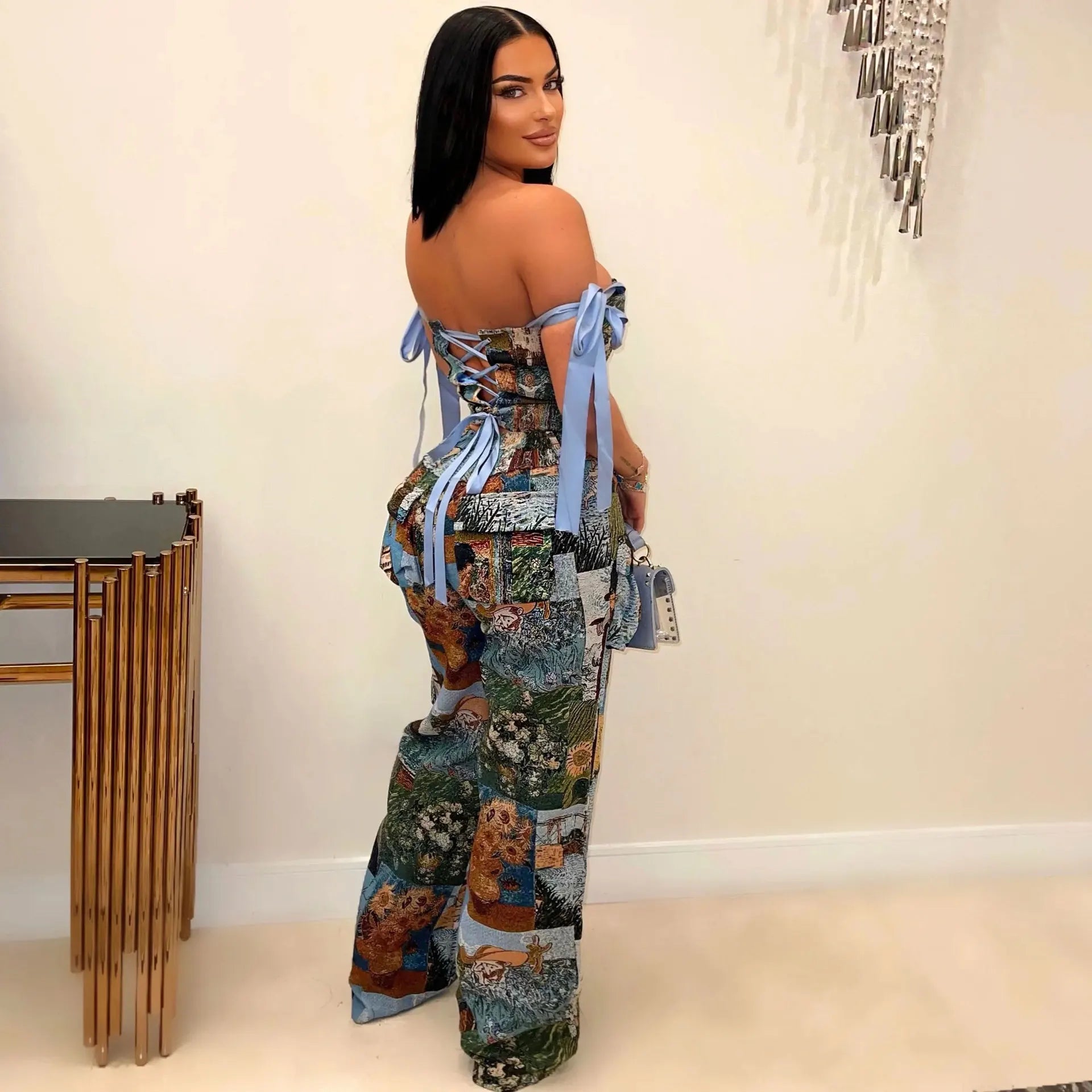 2 Piece Sets Women Print Top Straight Pants Suit Multiple Pockets Strapless Floor Length Trousers Ensemble 2025 Sexy Outfits
