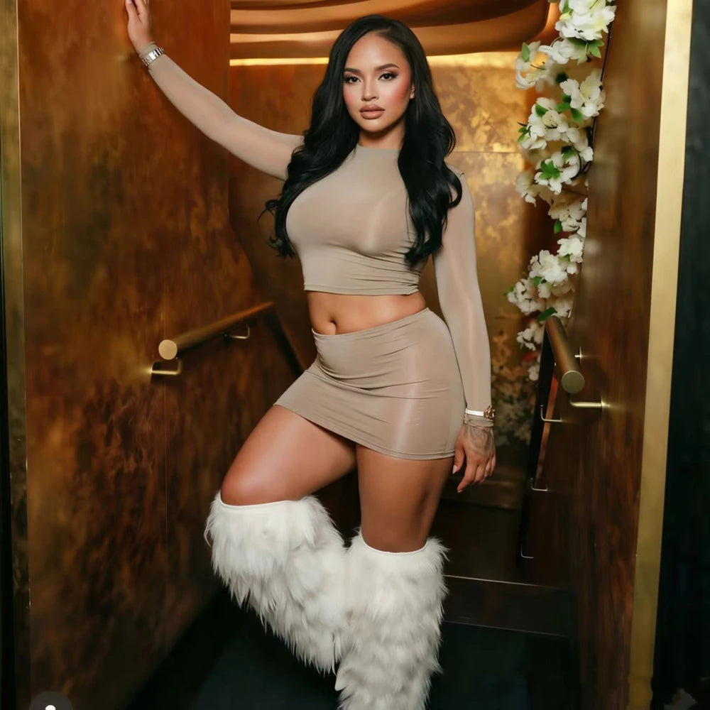 Crop Top and Skirt Set Outfits for Women Trending Spring Summer Clubwear Sexy Sheer Mesh Long Sleeve Mini Skirts Two Piece Sets