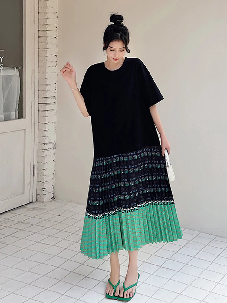 NYFS 2026 Summer New Korean Woman Dress Vestidos Robe Elbise Loose Plus Size Short Sleeve Patchwork Two Fake Pieces Long Dresses