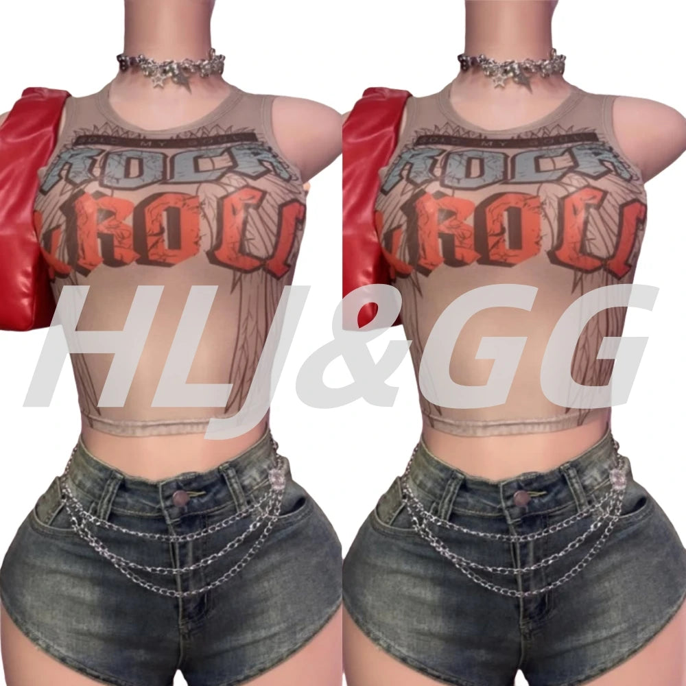 HLJ&GG Y2K Fashion Mesh Letter Printing Tank Top 3 Piece Sets Women Sleeveless Slim Vest And Denim Shorts Outfit With Chain 2025
