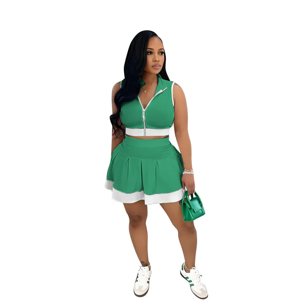 Women Two Piece Sets Shorts Skirt Set Zipper Sleeveless Sexy Tops Short Skirts A Line High Waist Y2k Streetwear Elegant Work