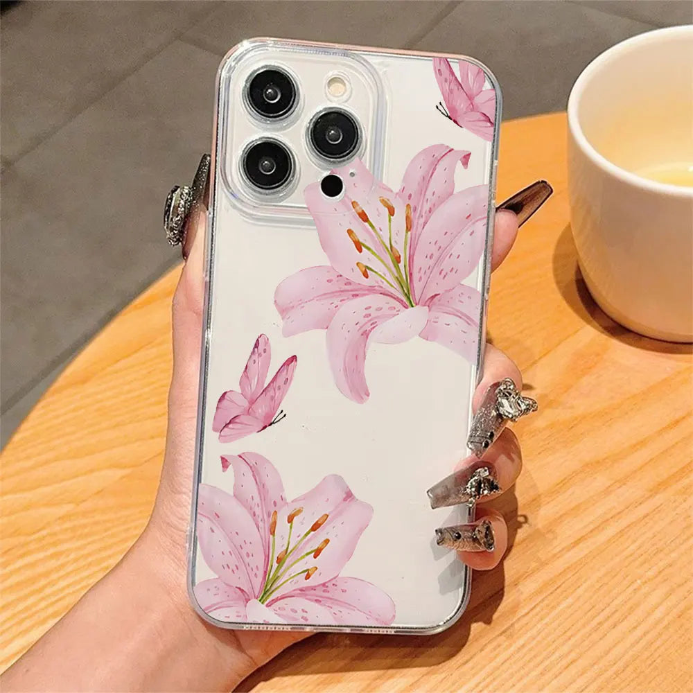 Ins Style Pink Flower Butterfly Phone Case For iPhone 11 12 13 14 15 16 17 Por Xs Max Mini 8 7 6 6s Plus 16e 17e Air Clear Cover