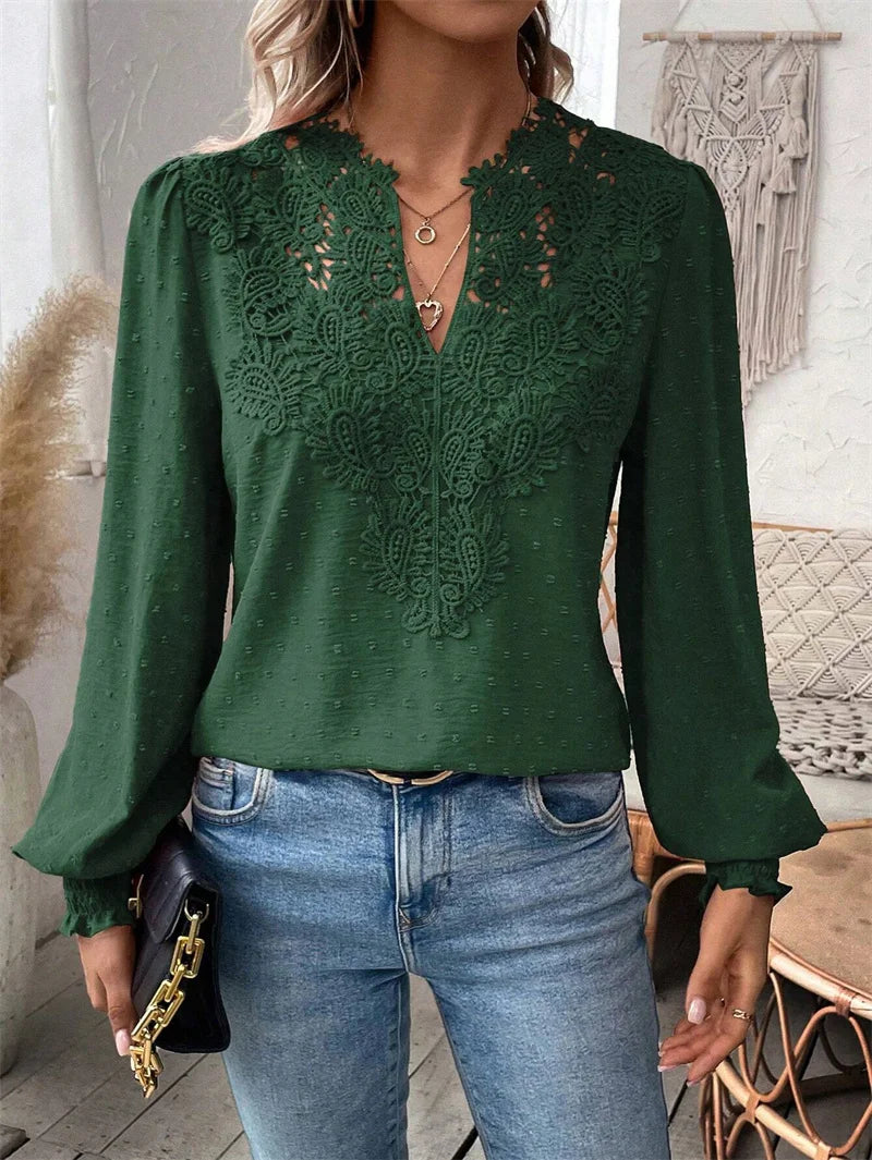 Elegant Hollow Out Lace Decoration Shirt Women Deep V Neck Pullover Blouse Female Solid Color Jacquard Lantern Long Sleeve Tops