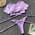 2 Pieces Bikini Women Sexy Swimwear Swimsuit Hollow Short Sleeve High Waist Solid Bikinis Set Beach Bathing Suit Banadores Mujer