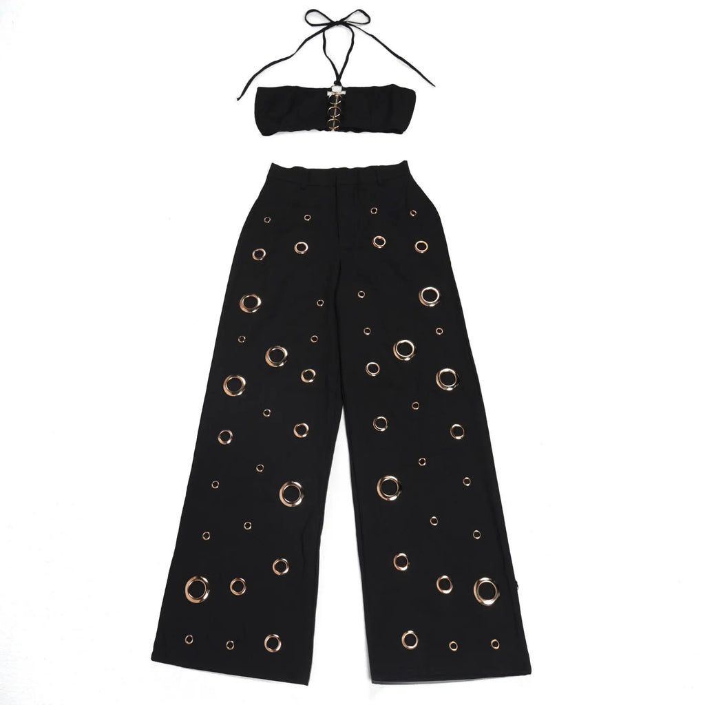 Metal Ring Hollow Out Two Piece Set Women Sexy Strapless Lace Up Halter Backless Crop Tops + Wide Leg Pants Casual Street Suits