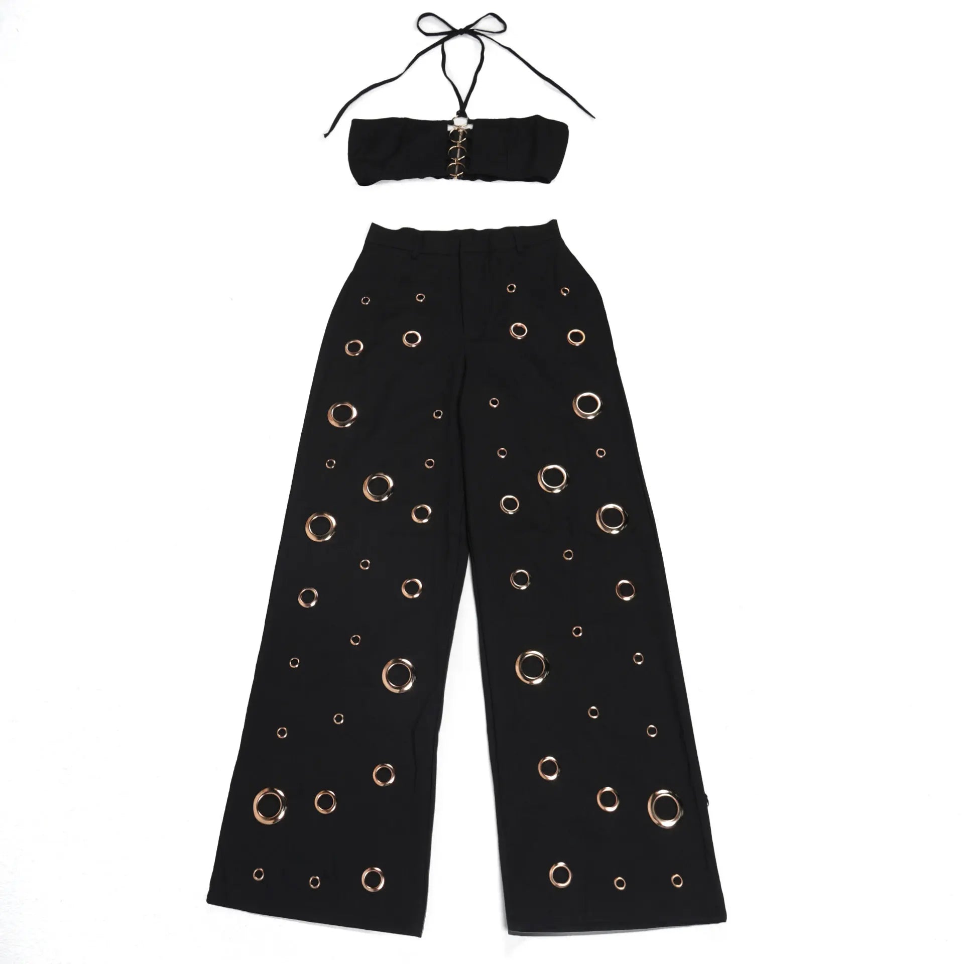 Metal Ring Hollow Out Two Piece Set Women Sexy Strapless Lace Up Halter Backless Crop Tops + Wide Leg Pants Casual Street Suits