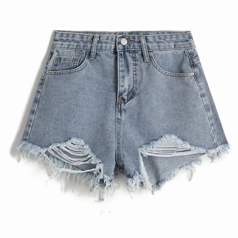 Hole Denim Shorts Women Korean Fashion High Waist Short Jeans Female Summer Slim Streetwear Irregular Wide Leg Shorts Ladies New