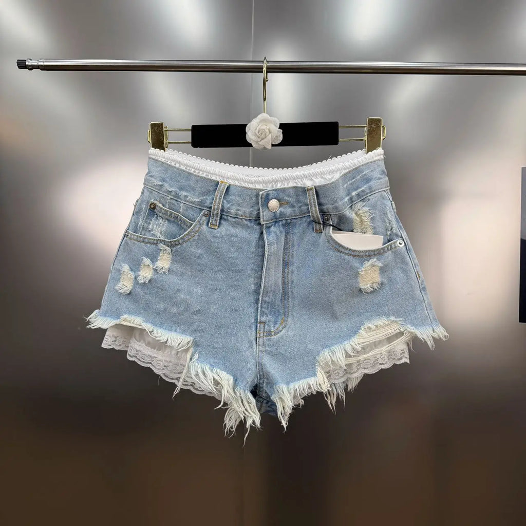 Summer 2025 New French Retro Lace Splicing Ripped Rough Edge Fake Two-piece Denim Shorts Spice Girl Y2K High-waisted Slim Jeans