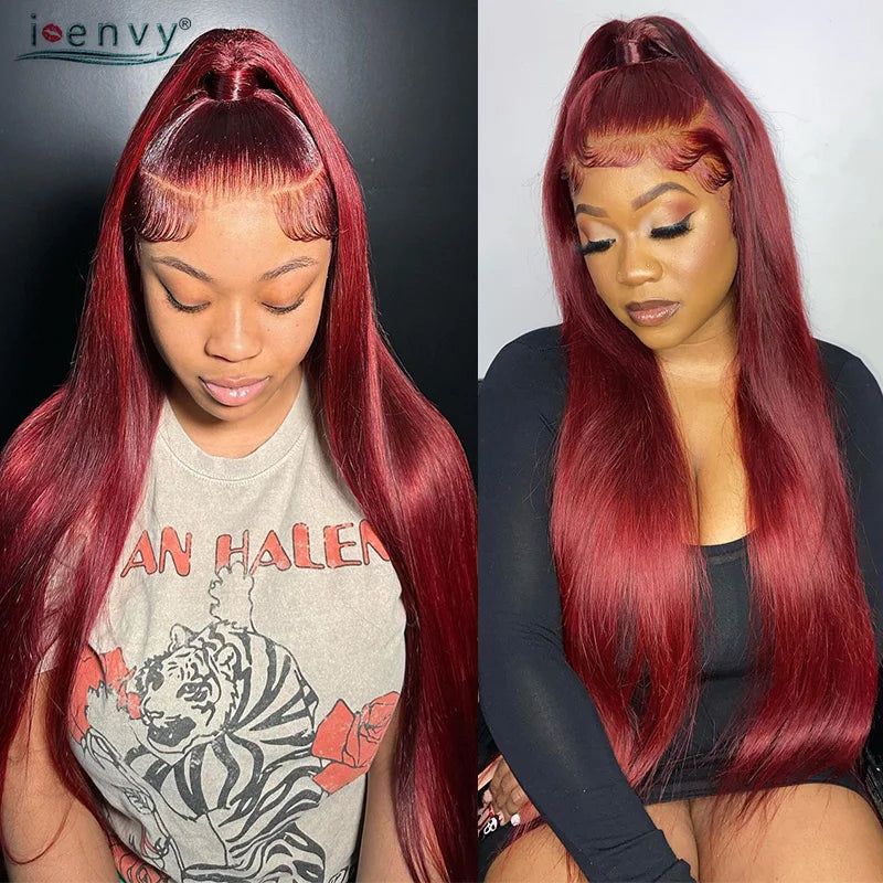 99J Red Colored Lace Front Human Hair Wigs Silky Straight 13X4 13X6 Burgundy Hd Transparent Pre Plucked Lace Frontal Wigs 180%
