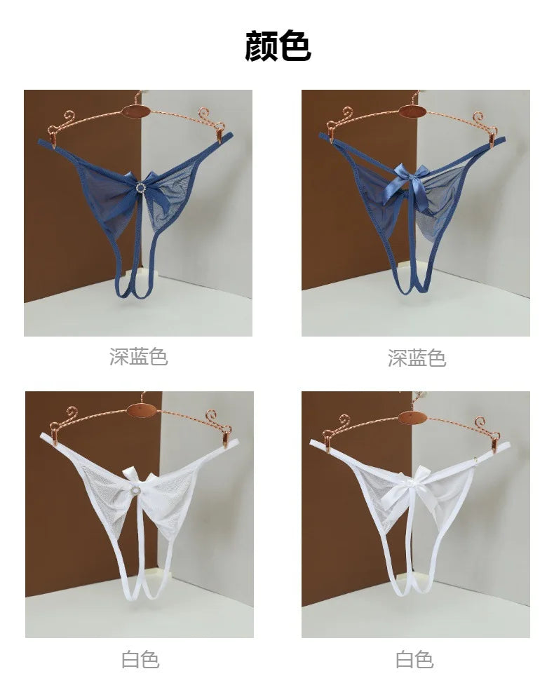 Women Sexy Rhinestone Panties Low Waist Bow G-strings Women's Hollow Out Seamless Panties Female Open Crotch Thongs Underpants