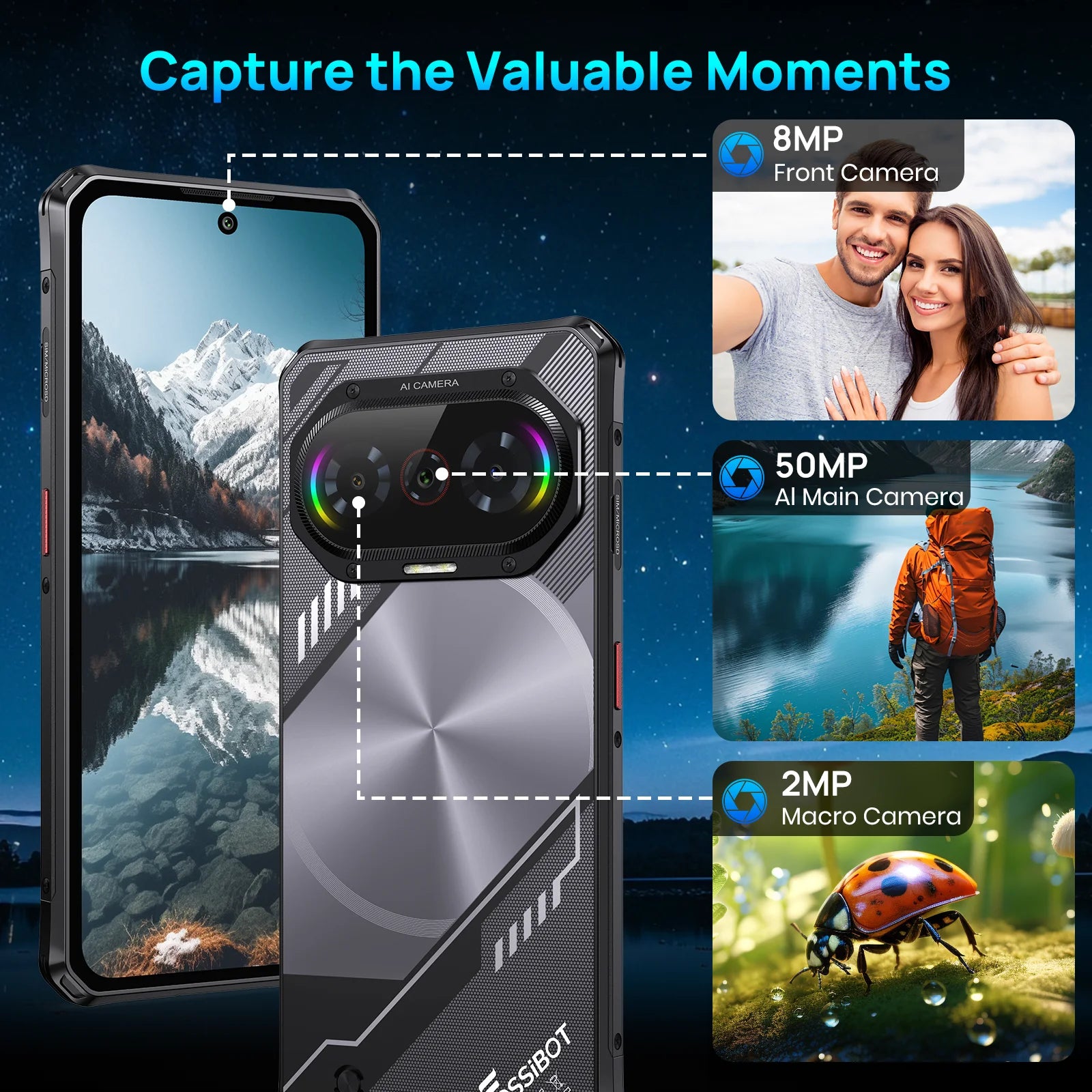 Fossibot [F114] 4G Smartphone 16GB(4+12) RAM 128GB ROM 5000mAh 18W Android 15 Unisoc T615 Ultra-thin Rugged Phone 4G 50MP