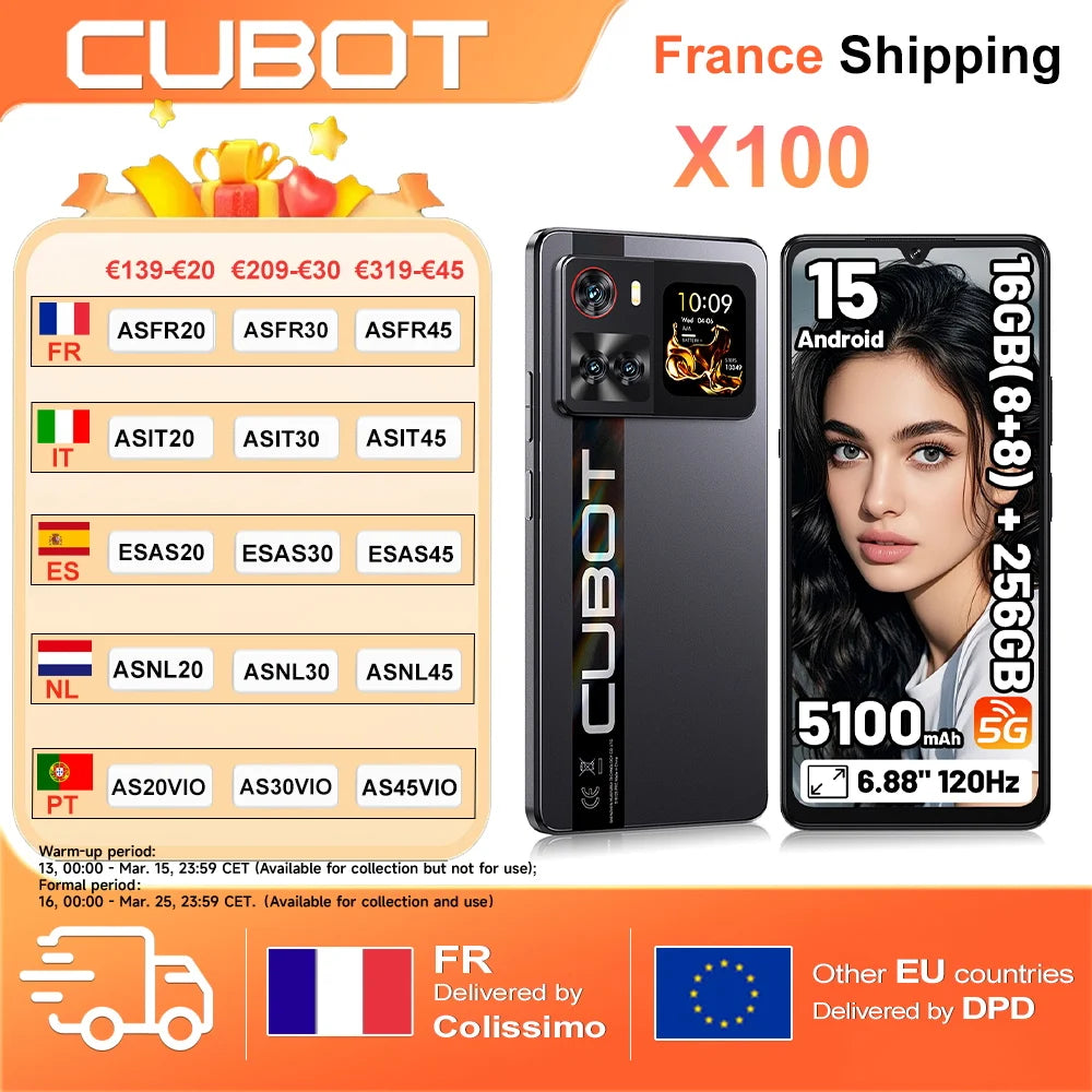 Cubot X100 16GB(8+8) RAM+256GB ROM 64MP Camera 5100mAh Android 15 Dimensity 7025 5G Smartphone 6.88" 120Hz 33W NFC Mobile Phone