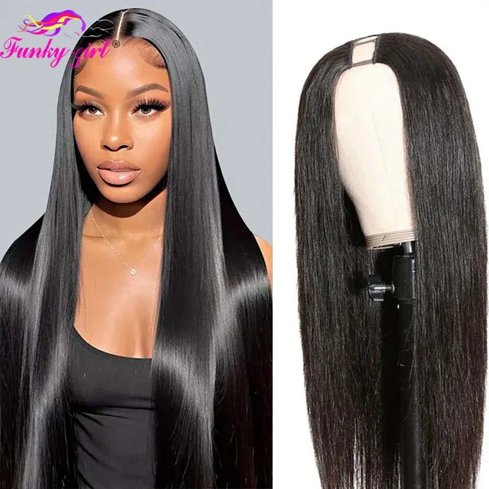 Brazilian Straight U Part Wig Human Hair 30Inch Natural Black Color Bone Straight Human Hair Upart Wig For Women