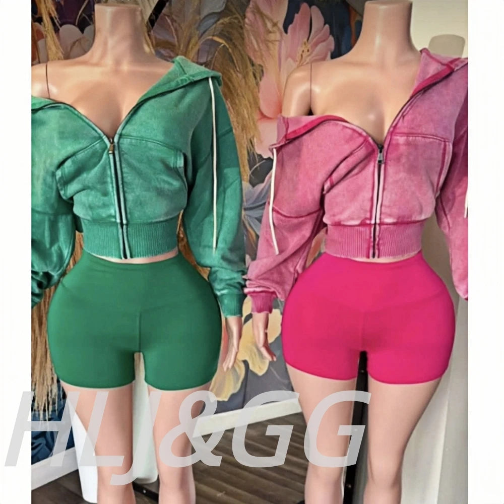 HLJ&GG High Quality Washed Casual Zip Hooded Two Piece Sets Women Long Sleeve Top+Biker Shorts Outfits Fashion Sporty Streetwear