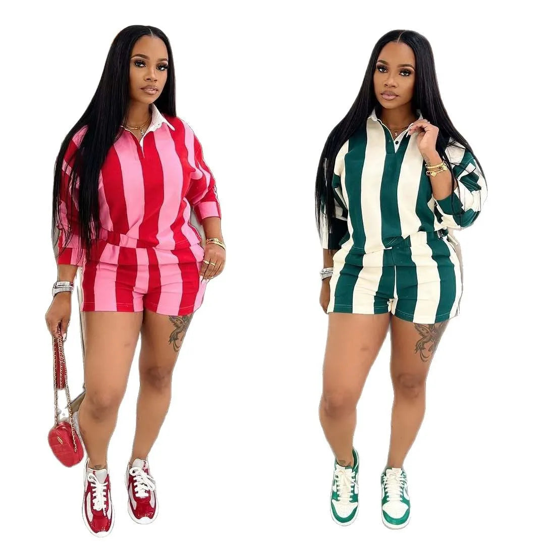 Shorts Pant Set Women Two Piece Sets Short Sleeve Matching Sets Striped Top High Waist Pants Suit Casual Y2k Streetwear Jogger