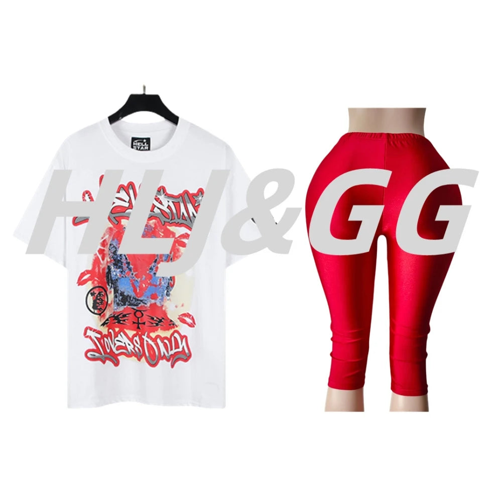 HLJ Trend American Retro Print Tshirts Two Piece Sets Women O Neck Short Sleeve Loose Top+Skinny Pants Outfit Fashion Streetwear
