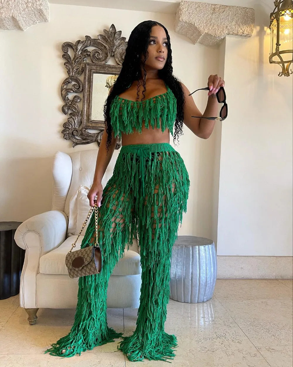 FAGADOER Sexy Hollow Out Tassels Pants Two Piece Sets Women Halter Sleeveless Backless Crop Top + Pants Outfit Female Streetwear