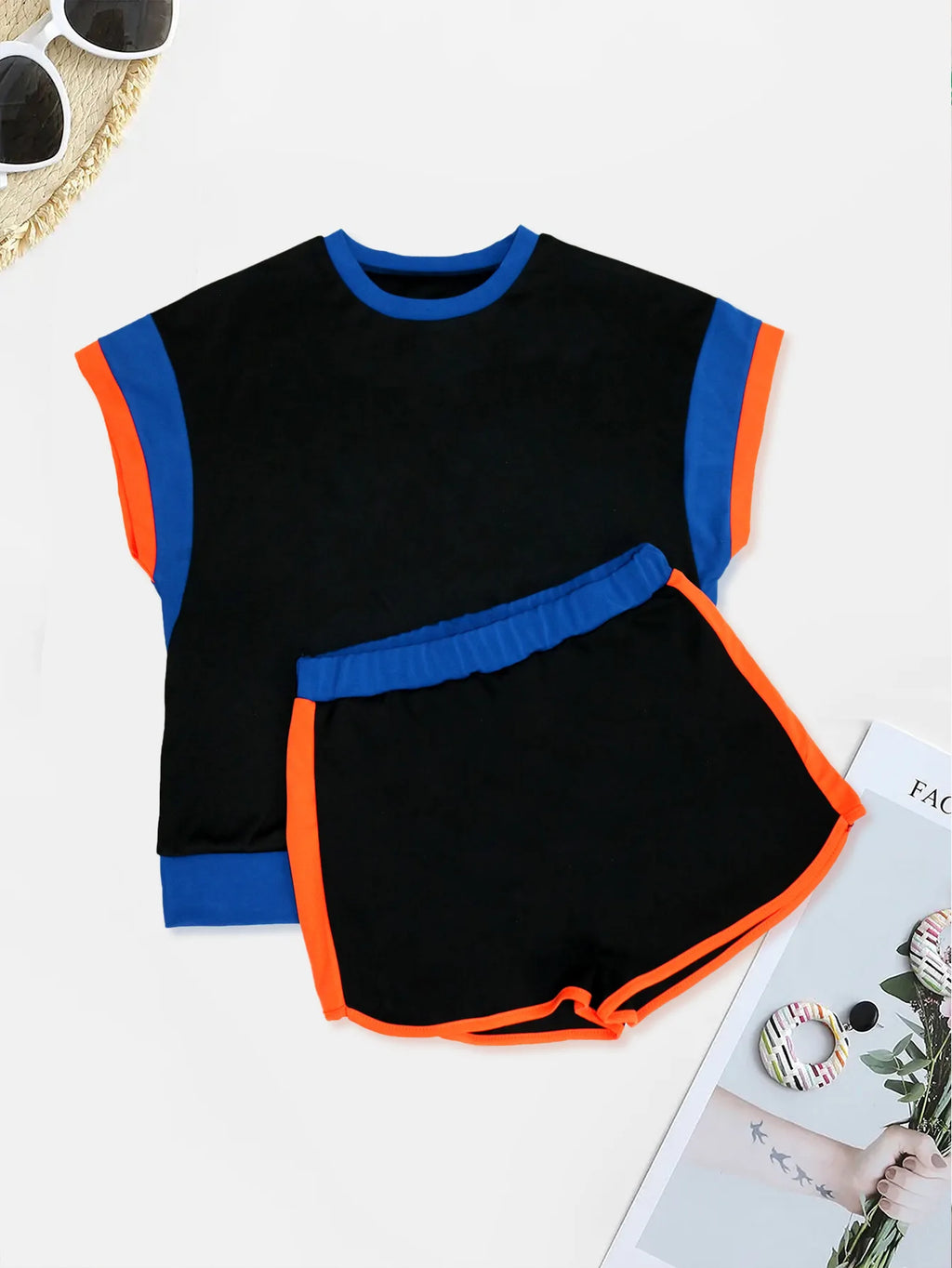 New Patchwork Casual Sporty 2 Piece Sets Women 2025 Summer Trend O-Neck Short Sleeve Tops And Shorts Matching Fitness Tracksuits