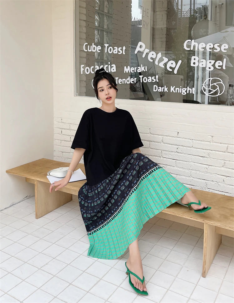 NYFS 2026 Summer New Korean Woman Dress Vestidos Robe Elbise Loose Plus Size Short Sleeve Patchwork Two Fake Pieces Long Dresses