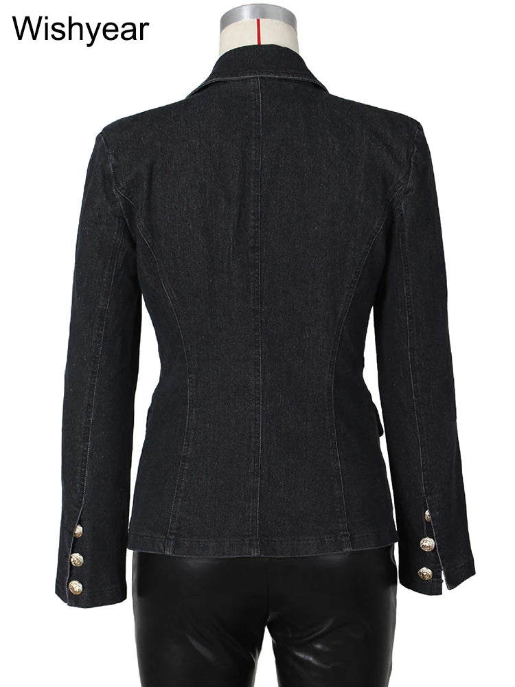 Fashion Notched Collar Long Sleeve Double Breasted Denim Coats for Women Slim Jeans Jacket Casual Streetwear Female Blazer Tops