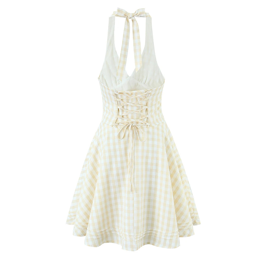 2025 Sexy Plaid Corset Style Bow Halter Sling Dress Women Lacing Up Bandage Back Slim Waist Mini Ball Gown Swing Dresses Robe
