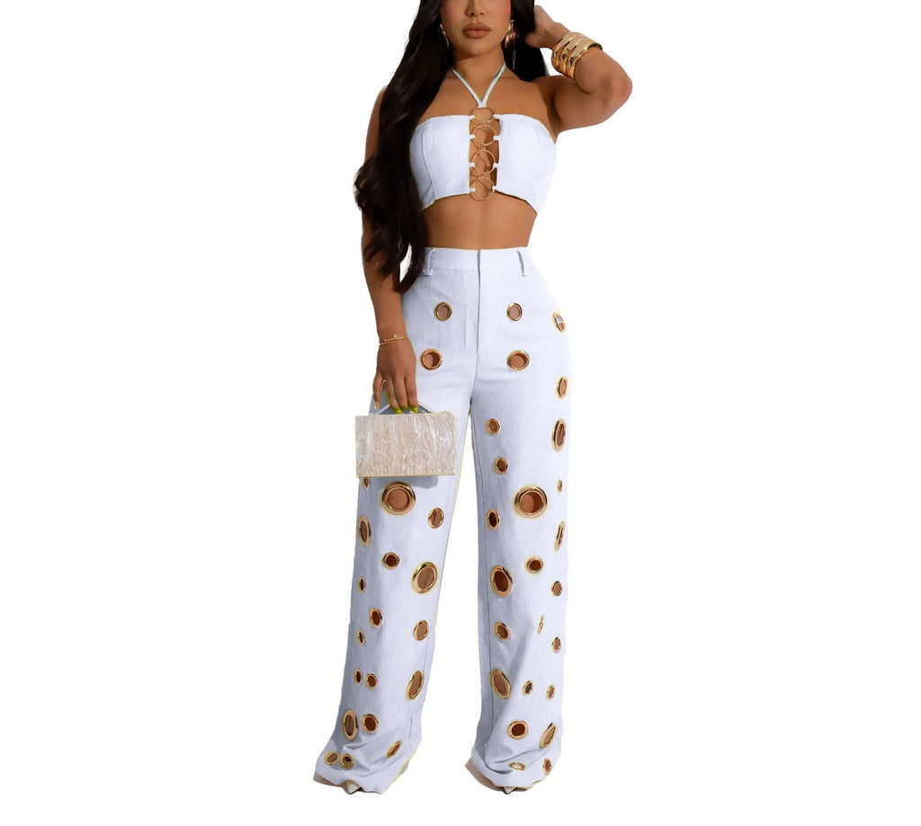 Metal Ring Hollow Out Two Piece Set Women Sexy Strapless Lace Up Halter Backless Crop Tops + Wide Leg Pants Casual Street Suits